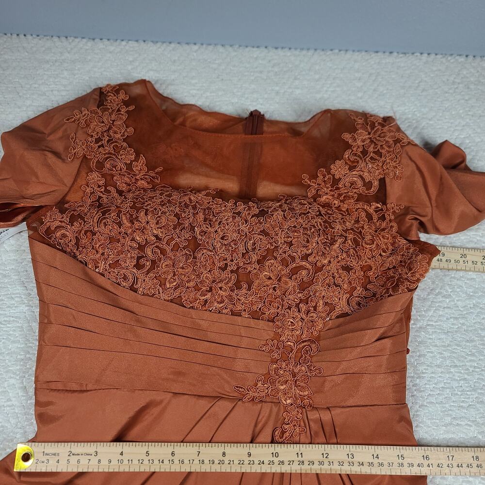 Cape sleeve lace applique pleated waist burnt orange dress Sz 12 formal wedding - Picture 6 of 13